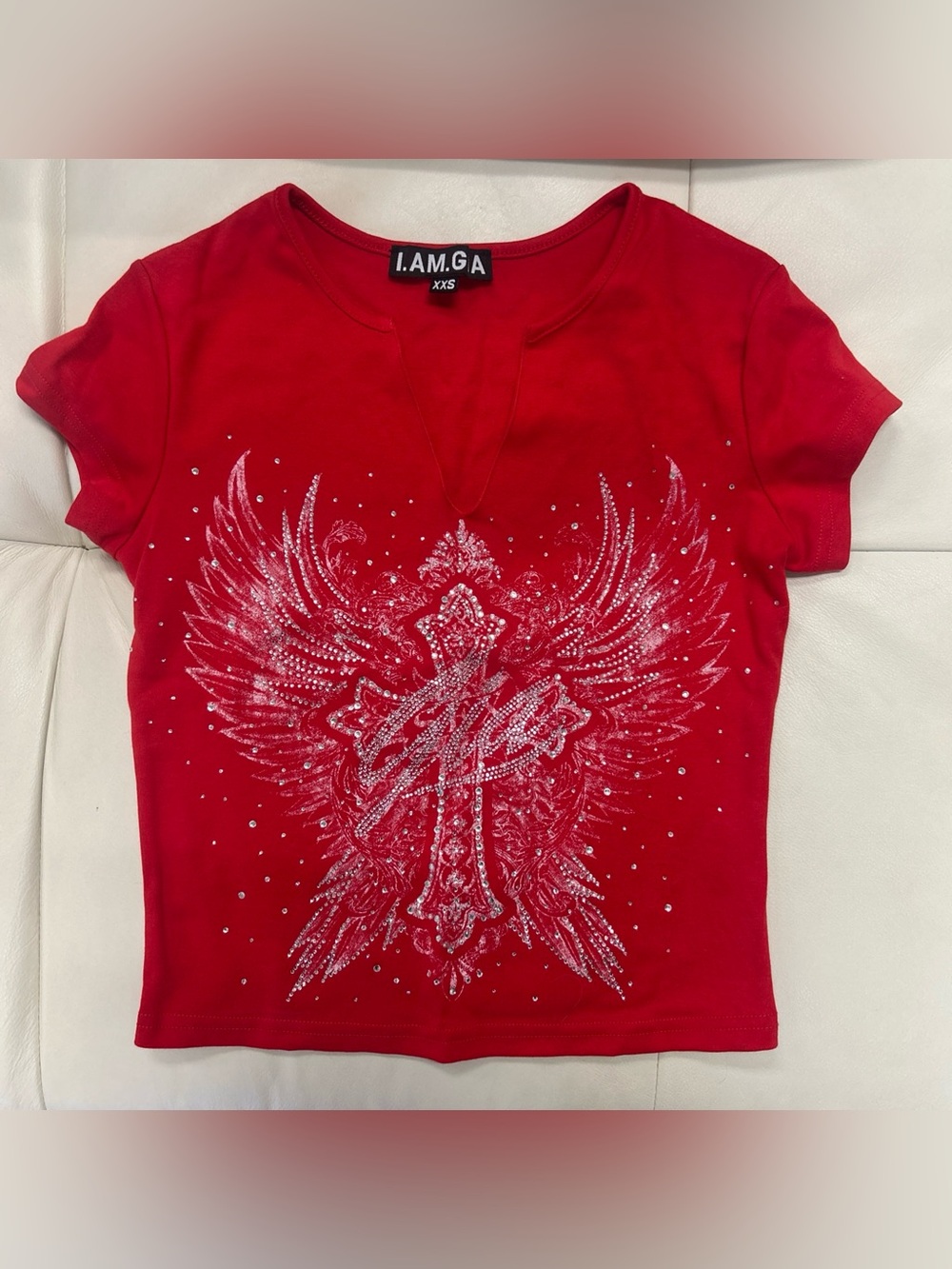 I.AM.GIA Red Rhinestone Cross Short Sleeve T-Shirt Size XXS
